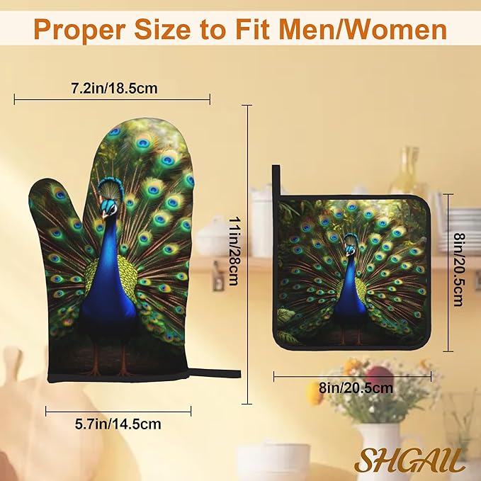 Peacock Pattern Oven Gloves and Hot Pads Set - Heatproof Hand Protection for Baking, Grilling, Cooking 4Pcs