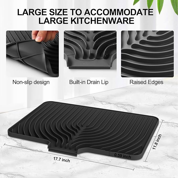 Dish Drying Mat for Kitchen Counter, with Built-in Drain Lip, Food-Grade Silicone, Easy Clean Pad for Countertop Protection, Multi-Functional Use (18x11.8, Black) - Image 3