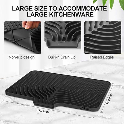 Dish Drying Mat for Kitchen Counter, with Built-in Drain Lip, Food-Grade Silicone, Easy Clean Pad for Countertop Protection, Multi-Functional Use (18x11.8, Black) - Image 3