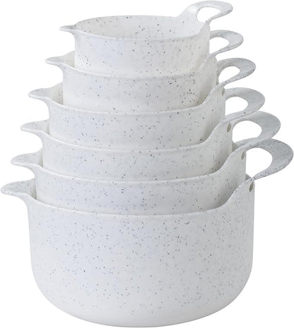 COOK WITH COLOR Nesting Plastic Mixing Bowl Set with Pour Spouts and Handles, Speckled White, 6 Piece Non-Slip by CookwithColor