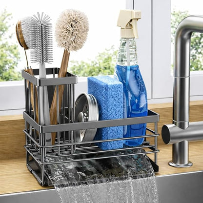 Cisily Sink Caddy Sponge Holder for Kitchen with Brush Holder and Stainless Steel Self Drain Tray, Rustproof Kitchen Sink Organizer for Sponge, Soap Dispenser Storage Accessories (Gray) by CISILYHOMELIFE
