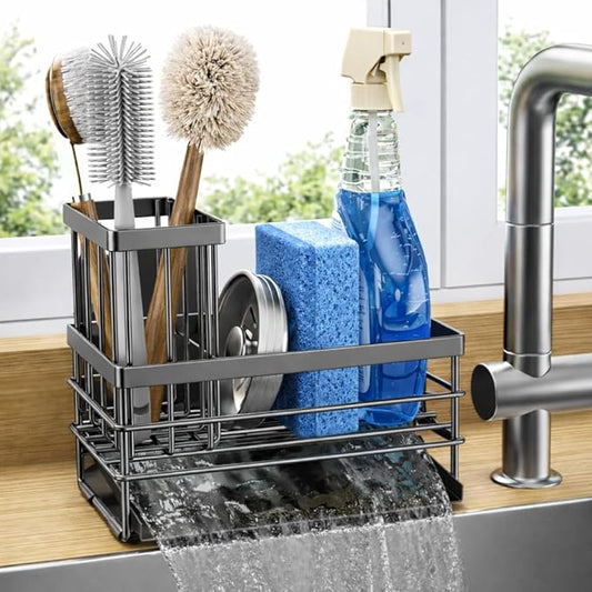 Cisily Sink Caddy Sponge Holder for Kitchen with Brush Holder and Stainless Steel Self Drain Tray, Rustproof Kitchen Sink Organizer for Sponge, Soap Dispenser Storage Accessories (Gray) by CISILYHOMELIFE