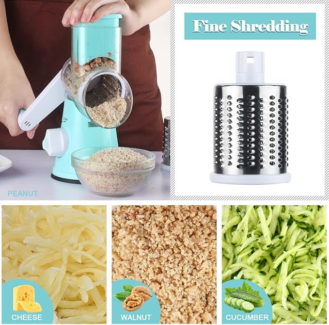 Ourokhome Rotary Cheese Grater Hand Crank, Kitchen Shredder Speed Mandolin Slicer Nut Grinder with Handle and Drum Blades for Cheese, Vegetable, Walnut, Chocolate, Potato, Carrot, 3 Blades, Blue - Image 4