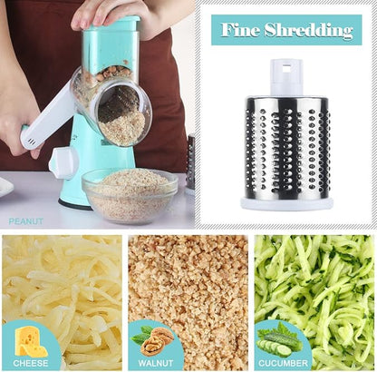 Ourokhome Rotary Cheese Grater Hand Crank, Kitchen Shredder Speed Mandolin Slicer Nut Grinder with Handle and Drum Blades for Cheese, Vegetable, Walnut, Chocolate, Potato, Carrot, 3 Blades, Blue - Image 4