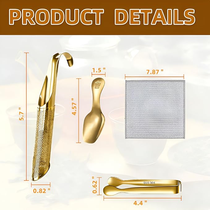2 Pcs Tea Infuser with Hook Handle, Tea Diffusers for Loose Tea, Tea Steeper Stainless Steel Tea Strainers & Filters with Teaspoon Tea-tweezers Steel Wire Cloth(gold)