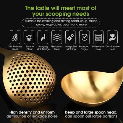 Patelai Hot Pot Slotted Ladle Set Stainless Steel Soup Ladle Strainer Scoops Cooking Skimmer Cookware Utensil for Hotpot Scooping Sauce Serving, 12 Inch(4 Pcs,Gold)