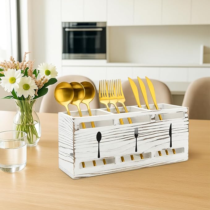 Farmhouse Wooden Utensil Caddy Party Cutlery Silverware Holder Small Wood Utensil Holder for Kitchen Counter Decor Flatware Cutlery Organizer Table Flatware Silverware Caddy Spoon and Fork Organizer - Image 4