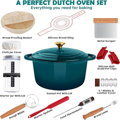 Enameled Cast Iron Dutch Oven Pot with Lid, Incl. Sourdough Bread Baking Supplies Like Banneton Bread Proofing Basket, Starter Jar, Scoring Tool Lame, 5QT Dutch Oven for Bread Baking, Oven Safe up to 500°F - Image 2