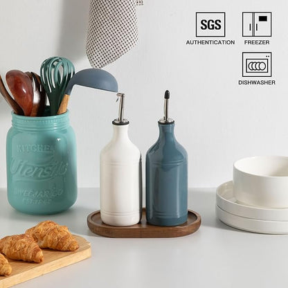 Sweejar Ceramic Olive Oil Dispenser Bottle Set, Opaque Oil Cruet Protects to Reduce Oxidation, Suitable For Storage Of Vinegar, Soy Sauce & Other Liquids,Pack of 2,15.5 Fl Oz（White Fogblue） - Image 4