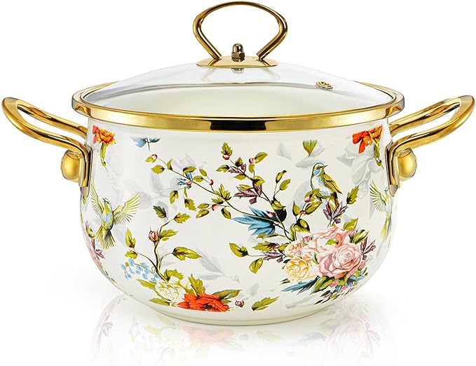 SOUJOY 2.8 Quart Enamel Stockpot with Glass Lid, Vintage Floral Soup Pot, Non-Stick Bean Stew Simmer Pot with Handle for Kitchen, Induction & Gas Stove Safe, Mother's Day, Wedding, Christmas Gift by SOUJOY