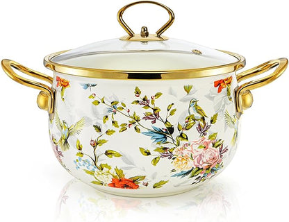 SOUJOY 2.8 Quart Enamel Stockpot with Glass Lid, Vintage Floral Soup Pot, Non-Stick Bean Stew Simmer Pot with Handle for Kitchen, Induction & Gas Stove Safe, Mother's Day, Wedding, Christmas Gift by SOUJOY