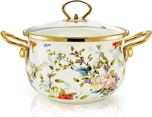 SOUJOY 2.8 Quart Enamel Stockpot with Glass Lid, Vintage Floral Soup Pot, Non-Stick Bean Stew Simmer Pot with Handle for Kitchen, Induction & Gas Stove Safe, Mother's Day, Wedding, Christmas Gift by SOUJOY