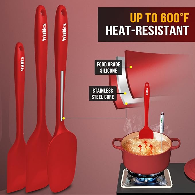 Walfos Silicone Spatula Set of 5-600°F Heat Resistant Kitchen Scraper Spatulas, Strong Steel Core and One-Pieces Seamless Design, Great for Cooking Mixing & Baking - BPA Free & Dishwasher Safe (Red) - Image 2