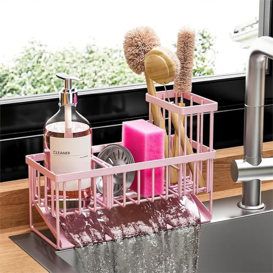 Cisily Pink Kitchen Sink Caddy Organzier with High Brush Holder, Sponge Holder for Sink, 304 Rustproof Stainless, Kitchen Countertop Soap Dispenser Organizer by CISILYHOMELIFE