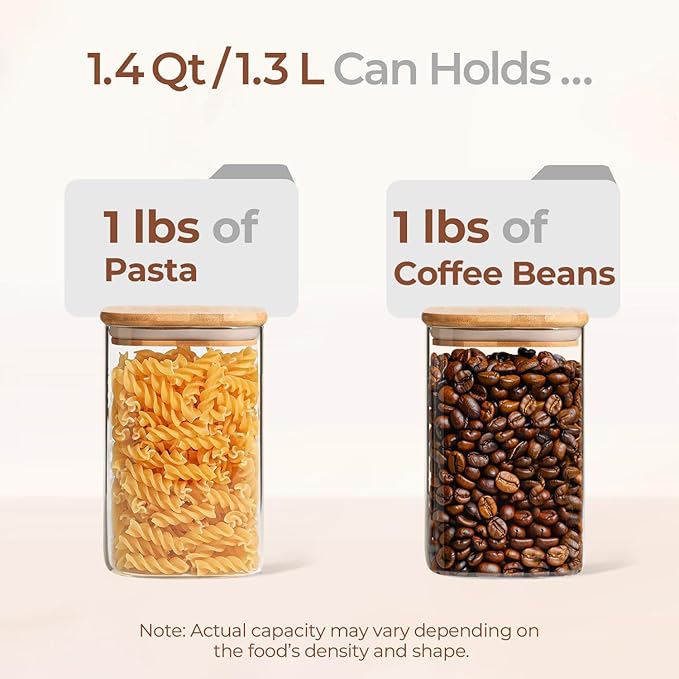 ComSaf 1.4 Qt Glass Storage Containers with Lids, Glass Jars with Lids, Clear Food Storage Jar, Square Canister Set of 3, Pantry Organizers and Storage for Flour Oat Pasta Tea Cookie Coffee Bean - Image 3