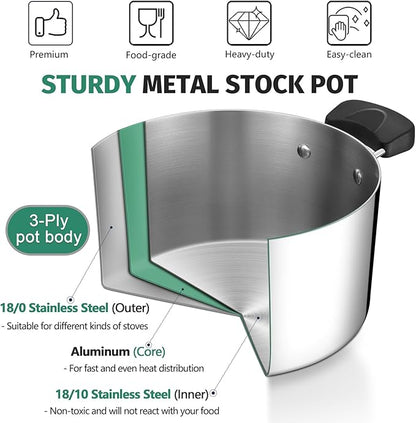 6 Quart 3-Ply Cooking Stock Pot with Lid, P&P CHEF Stainless Steel Large Pot for Pasta Soup, Work on Multi Stove, Heavy Duty & Dishwasher Safe, Dual Heat-resistant Handles & Transparent Glass Lid - Image 4