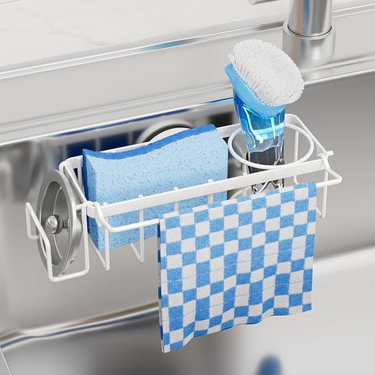 TAILI 4-in-1 Sink Caddy with Strong Suction Cup, Sponge Holder for Kitchen Sink Organizer, Removable, Rustproof, Stainless Steel Holder for Sponge, Brush, Scrubber, Scraper - White by TAILI