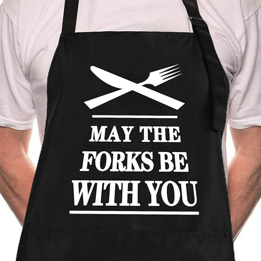 Rosoz Funny BBQ Black Chef Aprons for Men, May the Forks be with You Adjustable Kitchen Cooking Aprons with Pocket Waterproof Oil Proof Father’s Day/Birthday