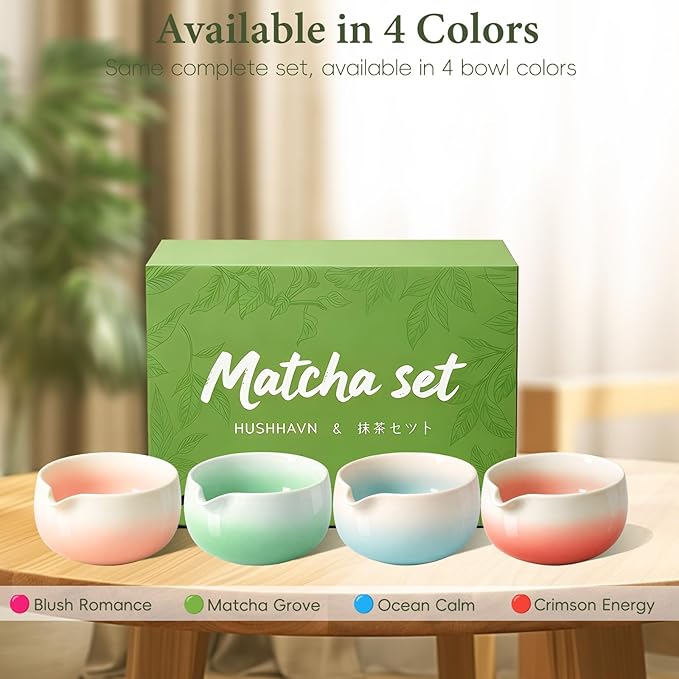 Matcha Whisk Set, Ceramic Matcha Set Includes Bowl & Holder, Bamboo Whisk (Chasen), Scoop, Spoon and Sifter, 6PCS Matcha Kit Covers Everything Needed for Making Matcha (Pink)