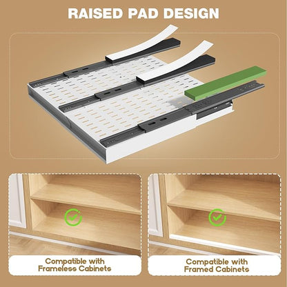 Seinloes 4 Pack Pull Out Cabinet Organizer With Raising Pad for Framed Cabinets,Expandable Width (13"-21") and Depth (17"-24"),3 Slide Rails Slide Out Drawers with Handle,No-Drill Roll Out Shelf,White - Image 3
