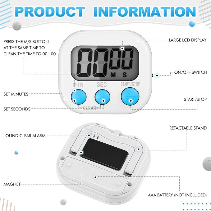 Xuhal 12 Pieces Digital Kitchen Timer Bulk, Small Magnetic Timers for Classroom, Digits Stopwatch Clock Timer for Cooking Baking Sports Games Office, Not Including Battery (Black,White) - Image 4