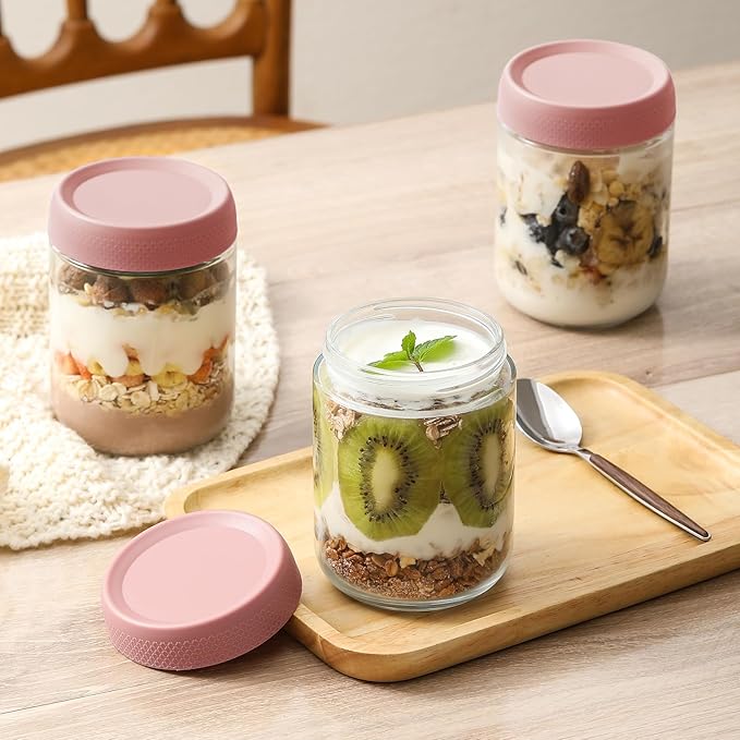 NETANY 6-pack 16oz Glass jars with Airtight Lids, Overnight Oats Containers with Lids, Wide mouth Mason Salad jars, Glass Food Storage Containers for Snacks Yogurt Spice Sugar-Pink - Image 4