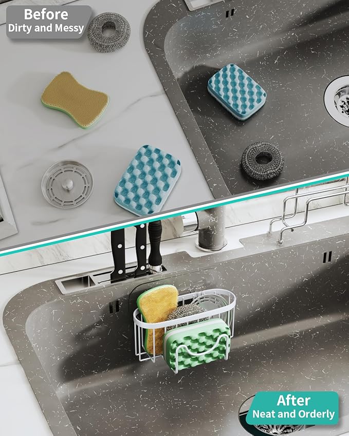 HapiRm Sponge Holder for Kitchen Sink - Sink Caddy with Unique M-Shaped, 2 Installation Methods Kitchen Organizer, Rustproof Stainless Steel Sponge Caddy - White - Image 6