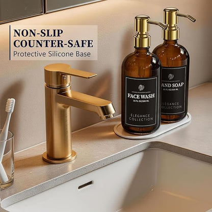 Amber Glass Soap Dispenser Set of 2, 16oz Hand and Dish Soap Dispenser for Kitchen & Bathroom, Gold Stainless Steel Pump, Non-Slip Base, 14 Waterproof Labels, Organic Decor - Image 4