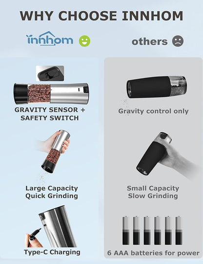innhom Gravity Electric Salt and Pepper Grinder Set Stainless Steel Salt Grinder Pepper Mill Automatic Salt and Pepper Grinder Set with Adjustable Coarseness