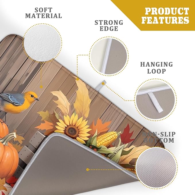 Fall Thanksgiving Dish Drying Mat for Kitchen Counter 18x24 Pumpkin Sunflower Bird Autumn Harvest Theme Absorbent Reversible Microfiber Drying Mats Kitchen Countertop Protector Dishes Drainer Pad - Image 4