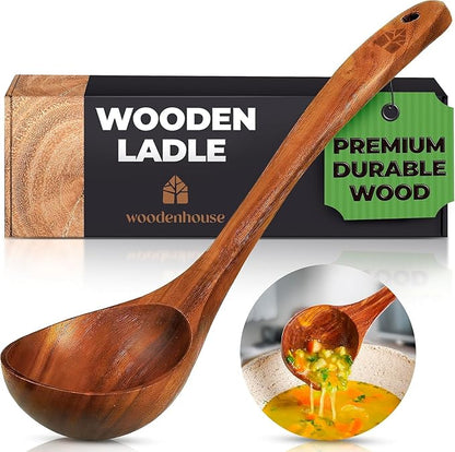 Wooden Ladle for Cooking, Soup Spoon Ladle – Teak Wooden Serving Spoon, 12.4″ Handle, Medium Scoop Size 2 oz – Eco Friendly, Natural and Sustainable by Woodenhouse