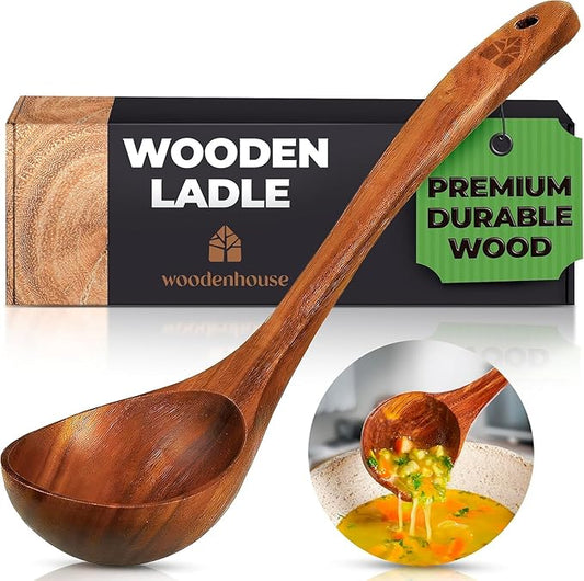 Wooden Ladle for Cooking, Soup Spoon Ladle – Teak Wooden Serving Spoon, 12.4″ Handle, Medium Scoop Size 2 oz – Eco Friendly, Natural and Sustainable by Woodenhouse