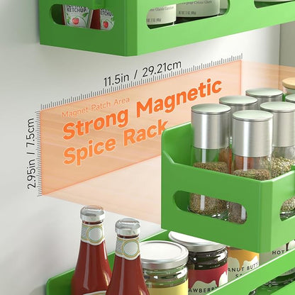 Sevenblue 4 Pack Strong Magnetic Spice Rack for Refrigerator, Multipurpose Magnetic Shelf for Fridge with 4 Hooks for kitchen and Bathroom Organization, Green - Image 2
