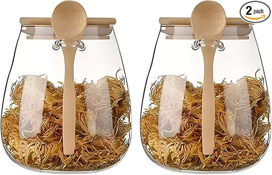 Airtight glass jar storage container with bamboo lid Set of 2, wide mouth, leak-proof, With a spoon, can be used for coffee beans, tea leaves, grains, dried fruits, etc (Large*2PCS) by DNIENKGE