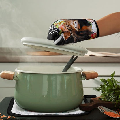 Bencailor 6 Pcs Cattle Kitchen Towels Oven Mitts and Pot Holders Set Decorative Dish Towels Tea Washcloth Non Slip Heat Resistant Oven Gloves for Summer Home Cooking Baking, Retro Color - Image 4