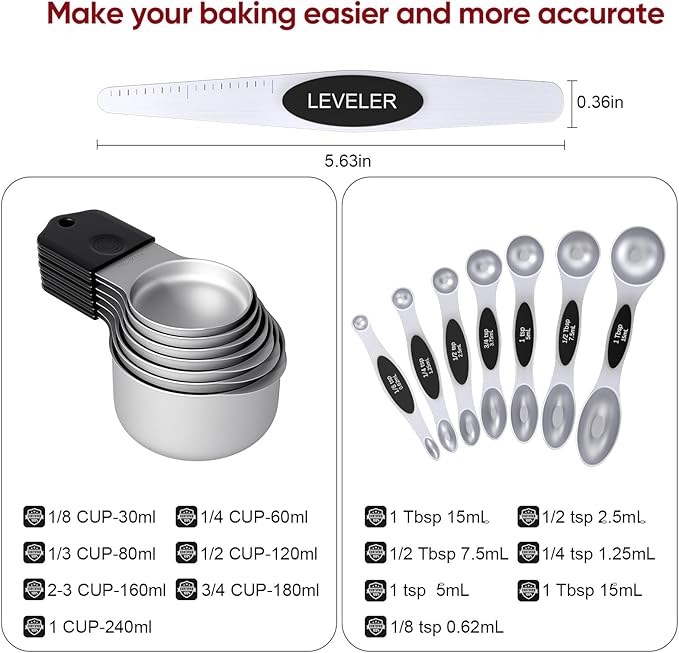 Magnetic Measuring Cups & Spoons Set|304 Stainless Steel Dual Scale Set of 15, Strong N52 Magnetic Nesting Design with Leveler, for Dry&Liquid Ingredients, Dishwasher Safe(Black) - Image 7