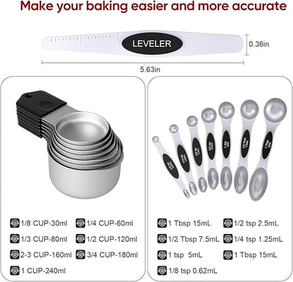 Magnetic Measuring Cups & Spoons Set|304 Stainless Steel Dual Scale Set of 15, Strong N52 Magnetic Nesting Design with Leveler, for Dry&Liquid Ingredients, Dishwasher Safe(Black) - Image 7