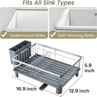 SNTD Dish Drying Rack - Small Dish Rack for Kitchen Counter, Stainless Steel Dish Drainer with Utensil Holder and Drainboard, 12.9" W x 16.9" L (Silver) - Image 2