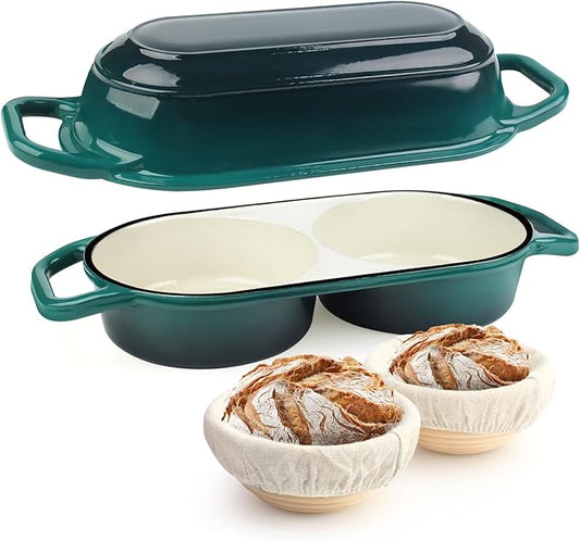 YONILL Mini Double Dutch Oven for Sourdough Bread Baking - Enameled Cast Iron Dutch Oven Pot with Lid and 5" Banneton Bread Proofing Basket Kit, Dual Round Bread Loaf Pan for Homemade Baking by YONILL