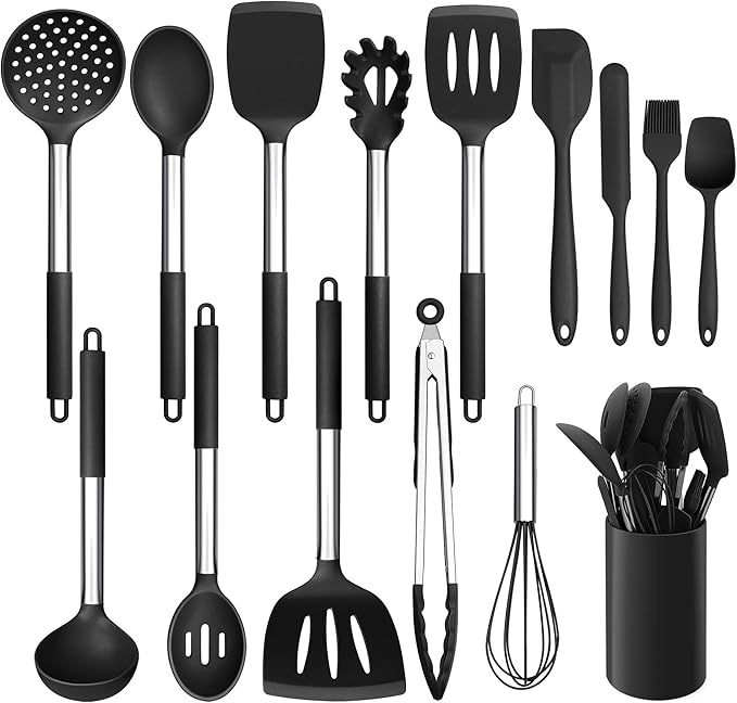 LIANYU 15-Piece Kitchen Cooking Utensils Set with Holder, Silicone Kitchen Tools Stainless Steel Handle, Slotted Spatula Spoon Turner Tong Whisk Brush for Cooking, Black by LIANYU