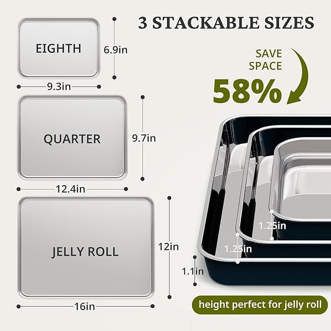 BRONYPRO Stainless Steel Baking Sheet Pan Set of 3, Cookie Sheets 9/12/16 In, Non-Toxic Uncoated Interior (PFOA & PTFE Free), Solid Warp-Resistant Cooking Trays for Oven & Toaster, Navy Exterior - Image 6