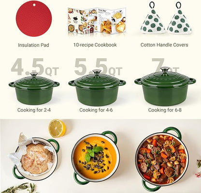 Overmont Enameled Cast Iron Dutch Oven - 5.5QT Pot with Lid Cookbook & Cotton Potholders - Heavy-Duty Cookware for Braising, Stews, Roasting, Sourdough Baking Glossy Green - Image 7