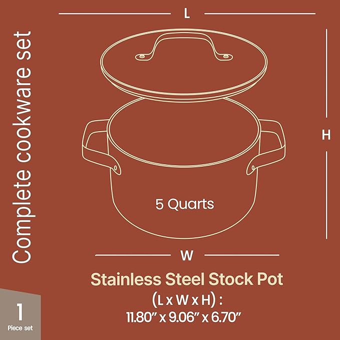 Bakken 5 Quart Ceramic Coated Stock Pot with Lid, Easy to Clean Nonstick Pot, Tempered Glass Lid, Riveted Stainless Steel Handles, Oven Safe Up To 500°F, PTFE & PFAS Free, All Stove Compatible, Black - Image 2