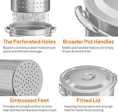 Bonnlo 82QT Stainless Steel Stock Pot for Boiling Seafood, Crawfish lobster & Crab, Frying Turkey & Steaming Tamales, Large Boil Pot with Steamer Basket, Lid, Lifting Hook for Outdoor Cooking Party