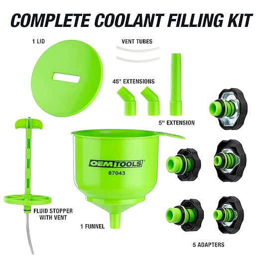 OEMTOOLS 87043 No-Spill Professional Quality Coolant Funnel Kit, Easily Fill Antifreeze Coolant Set Includes 5 Adapters, Extensions, and Automotive Funnel, Air Venting, Drip-Free, Green - Image 9