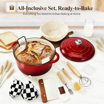 Enameled Cast Iron Dutch Oven with Lid -6.5 QT, incl. Sourdough Bread-Baking Supplies like Banneton Proofing Basket, Heavy Duty Cookware Bread-Oven for Baking, Stews, and Roasting, Cherry Red - Image 2