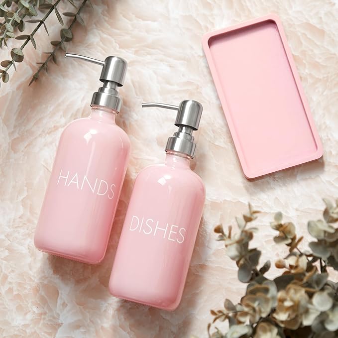 Pink Glass Dish and Hand Soap Dispenser Set - Kitchen Soap Dispenser with Tray and Stainless Steel Pump - for Modern Pink Kitchen Decor and Accessories