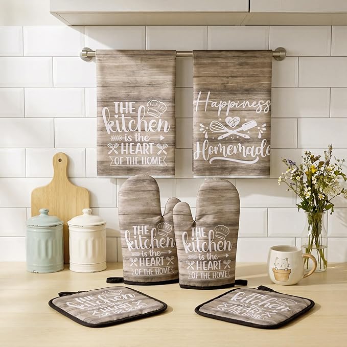 Sratte 6 Pcs Kitchen Decor Accessories Set Farmhouse Towels Pot Holders Oven Mitts Set 2 Dish Towels 2 Potholders 2 Cooking Mittens Oven Glove for Christmas Baking Cooking(Brown Wood Grain) - Image 7