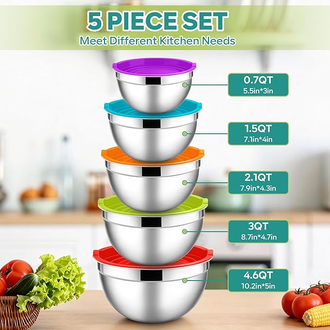 E-far Mixing Bowls With Lids Sets of 5, 10-Piece Stainless Steel Salad Metal Nesting Bowl for Baking Cooking and Prepping, Airtight Lid & Stackable Design, Size 4.6, 3, 2.1, 1.5, 0.7 QT, Colorful - Image 2