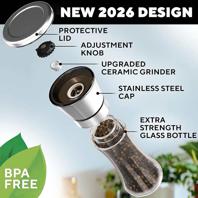 Premium Salt and Pepper Grinder Set of 2 - Two Refillable Stainless Steel Sea Salt & Spice Shakers with Adjustable Coarse Mills - Easy Clean Ceramic Grinders w/BONUS Silicone Funnel & Cleaning Brush - Image 6